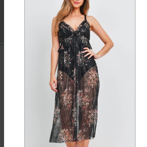 Black floral sheer strappy V-neck ruffle open back overlay midi dress. Pretty!🌸 - Picture 3 of 16